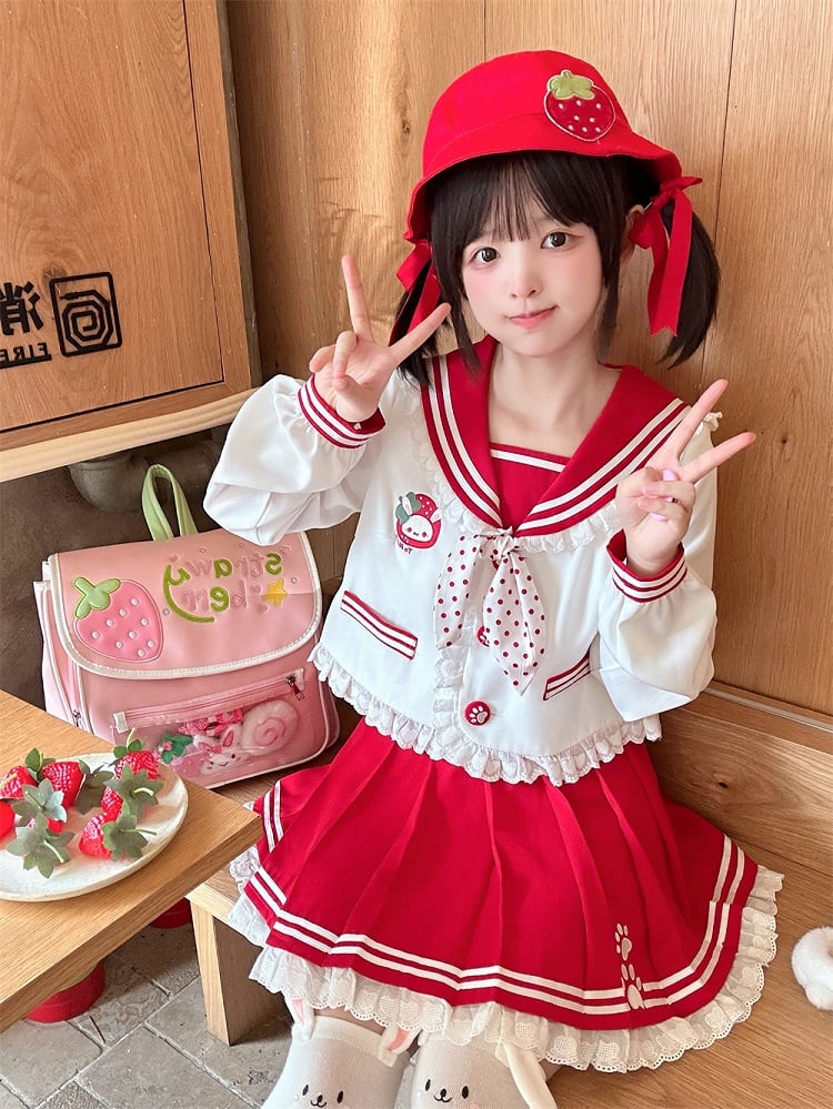 Ruffled Sailor Collar Bunny Ears Design Back Light Pink/Wine Red JK Uniform Top