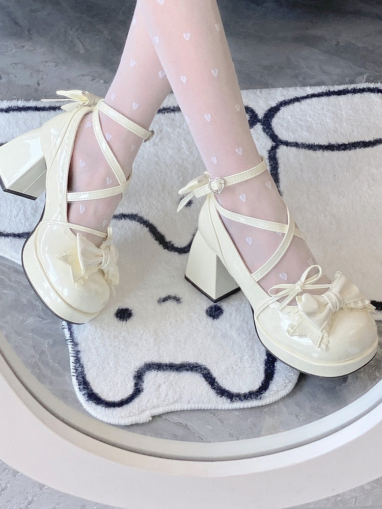 7CM Creamy White Bow at Top Crisscross Design Sweet Lolita Platform High Block Heels
