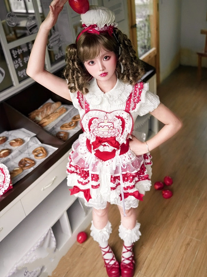White and Red Polka-dot Cake Embroidery Sweet Lolita Overall Dress Big/Small Bubble Skirt