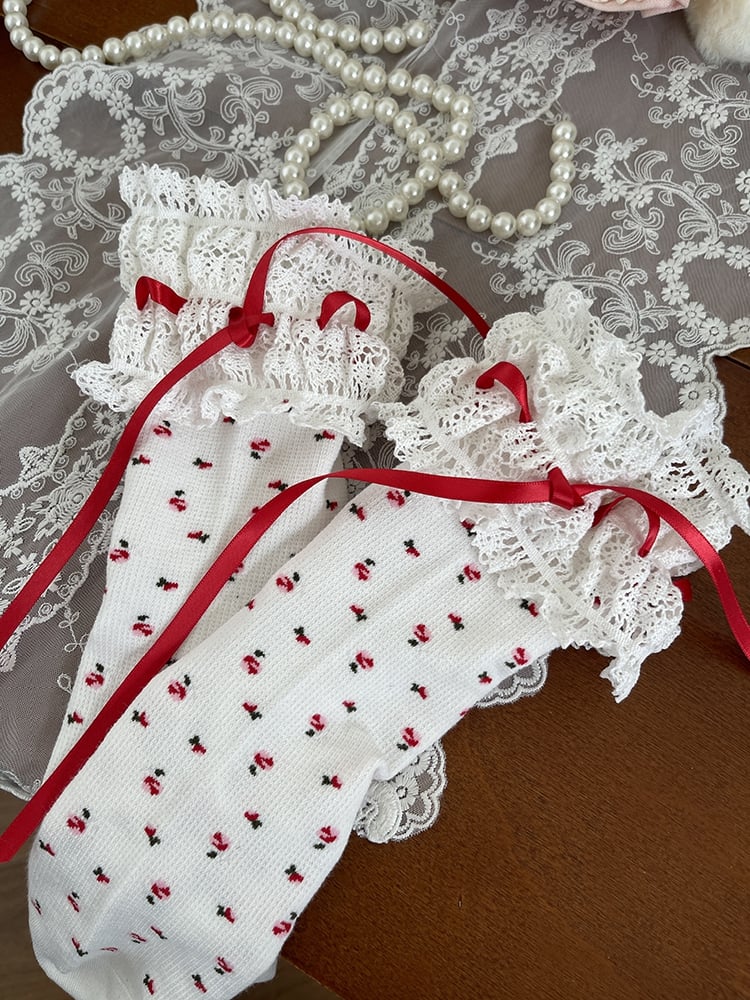 White&Red Floral Print Lace Trim Lolita Socks