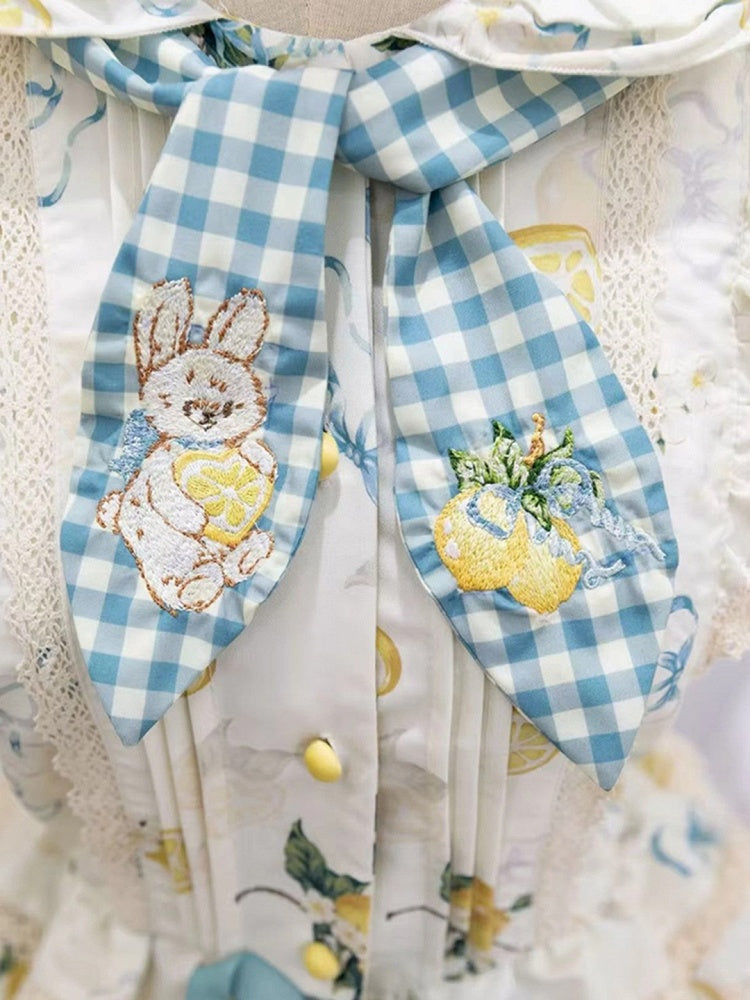 Blue & Yellow Country Lolita Bunny Ear Hooded Top + Print Ruffled Skirt + Embroidered Triangular Headscarf Set