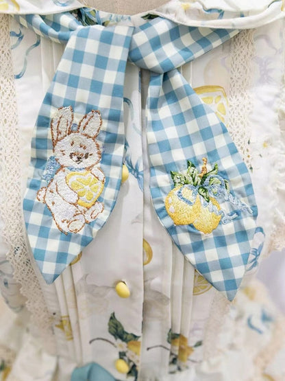 Blue & Yellow Country Lolita Bunny Ear Hooded Top + Print Ruffled Skirt + Embroidered Triangular Headscarf Set