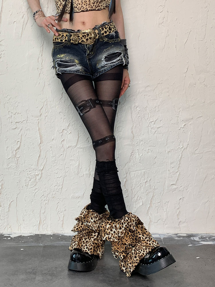 Black Punk Buckle Print Tights＋Leopard Print Leg Warmers Set
