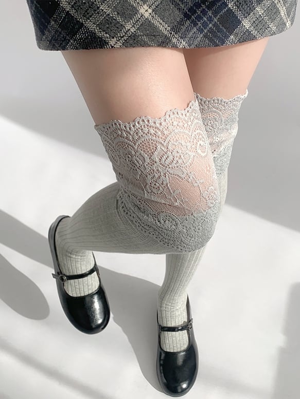 White/Black/Dark Gray/Beige/Light Gray Lace Trim Knitted Over-knee Stockings