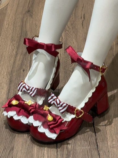 Wine Red Spoon Decorated Bowknot Details Sweet Lolita High Block Heels