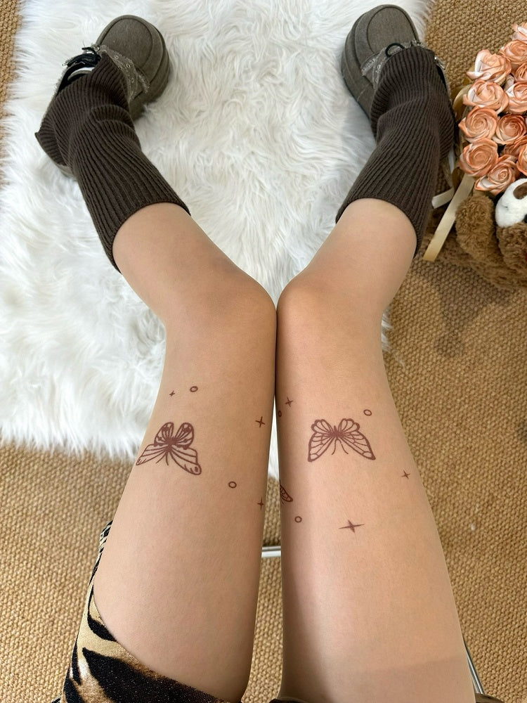 Nude Y2K Butterfly Print Tights
