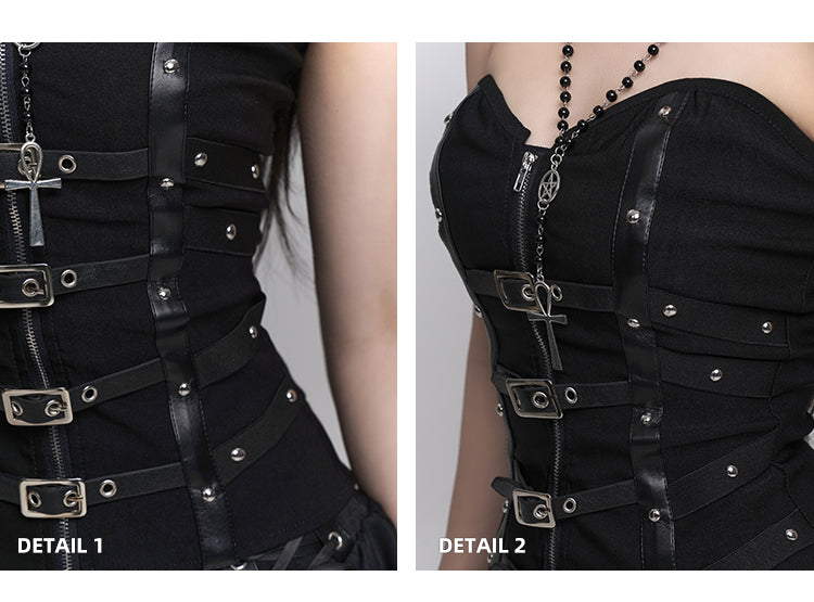 Black Criss-Cross PU Straps Front Zipper and Buckles Placket Studded Strapless Top