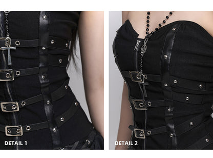 Black Criss-Cross PU Straps Front Zipper and Buckles Placket Studded Strapless Top