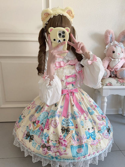 Teddy and Ice Cream Print Yellow Sweet Lolita Jumper Skirt