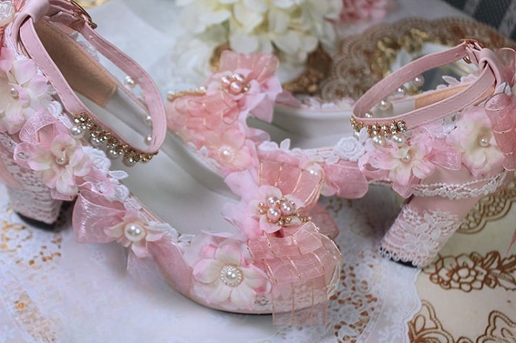Pink Sakura Hime Lolita Shoes Bow Accents Beaded Detail Princess High Heels