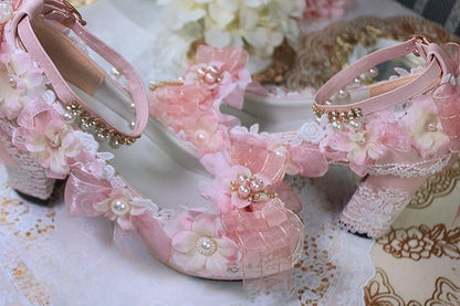 Pink Sakura Hime Lolita Shoes Bow Accents Beaded Detail Princess High Heels