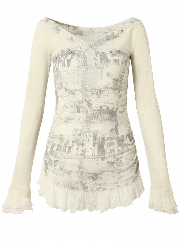 Black&Gray/Beige Wasteland Punk Star And Studs Decorated Lace Trim T-shirt