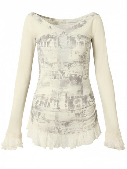 Black&Gray/Beige Wasteland Punk Star And Studs Decorated Lace Trim T-shirt