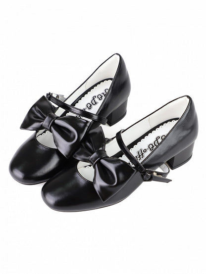 Sophisticated Lolita Black Mid Heels in PU Leather with Bow Details & Ornate Heart Fastener
