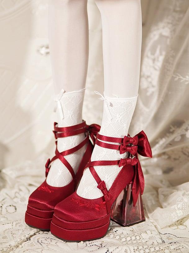 Red Camellia Flower High Block Heel Elegant Platform High Heels