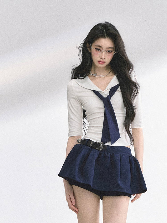 White Preppy Style Sailor Collar Slim-fitting T-shirt with Necktie Design