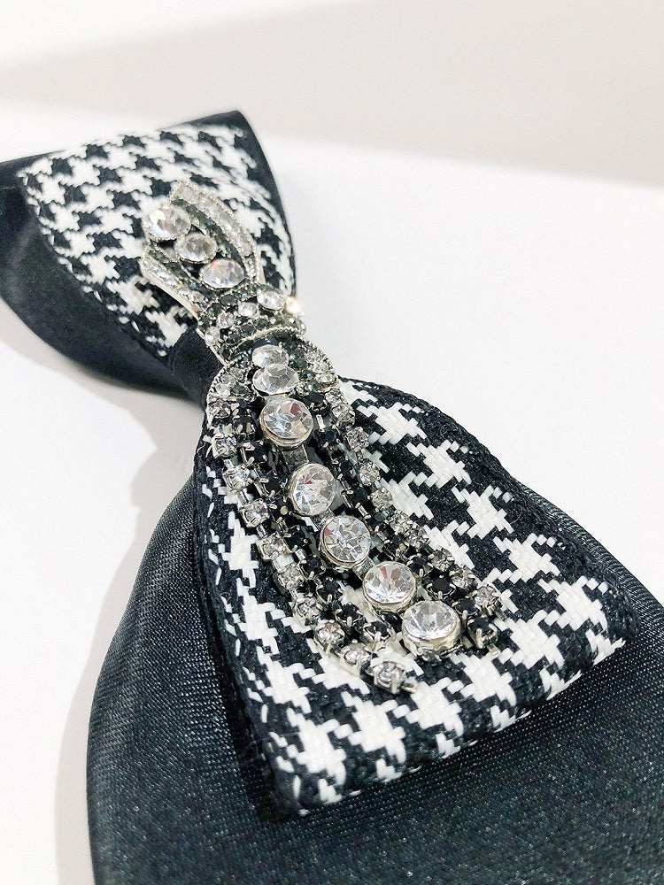 Black Rhinestone Decorated Houndstooth Pattern Bowknot Design Neck Tie