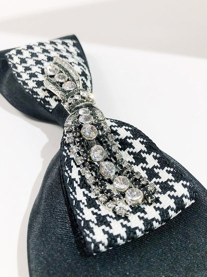Black Rhinestone Decorated Houndstooth Pattern Bowknot Design Neck Tie