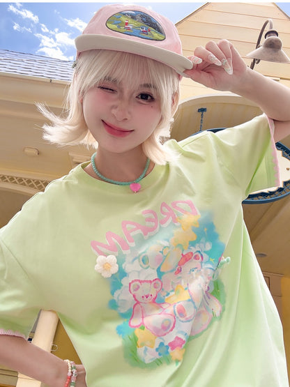 Green Round Neck Teddy Bear Print Knit Floral Accents Loose T-shirt