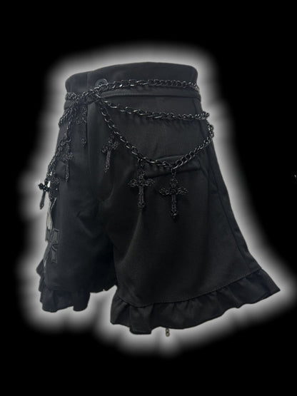 Gothic Black Cross Patches High Waist Ruffle Trim Shorts with Free Waist Chain
