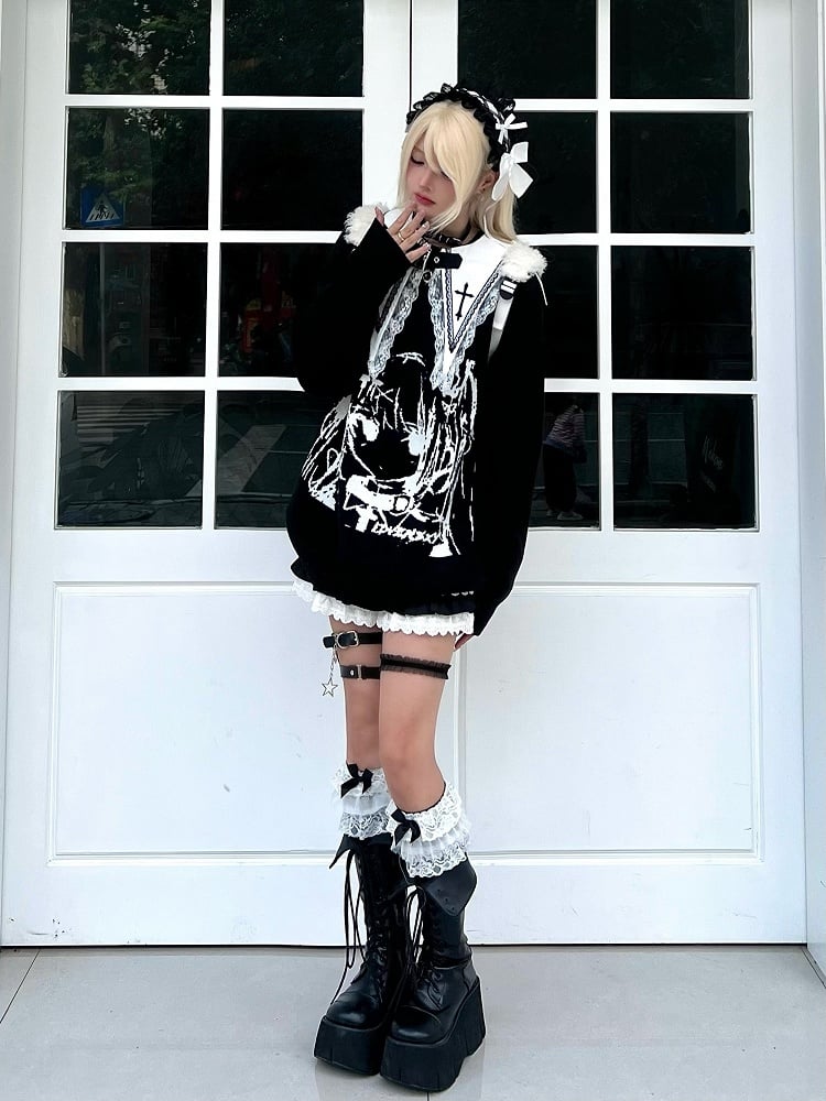 Gothic Black Long Sleeve Top with Cross Embroidered Pointed Flat Collar