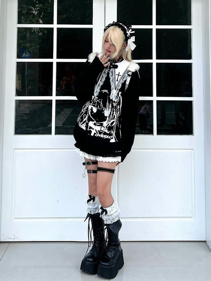 Gothic Black Long Sleeve Top with Cross Embroidered Pointed Flat Collar