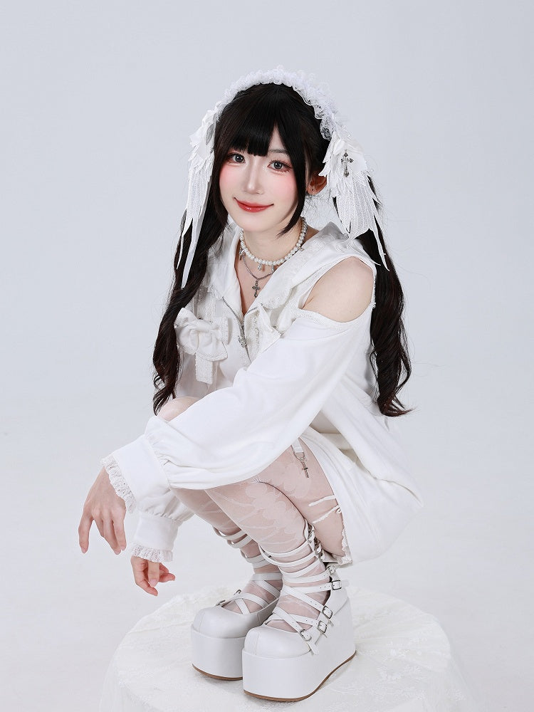 Gothic Charm Jirai Kei Hoodie with Lace and Cross Details