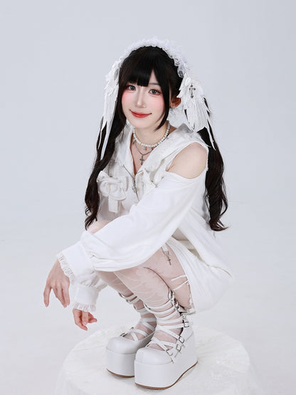 Gothic Charm Jirai Kei Hoodie with Lace and Cross Details