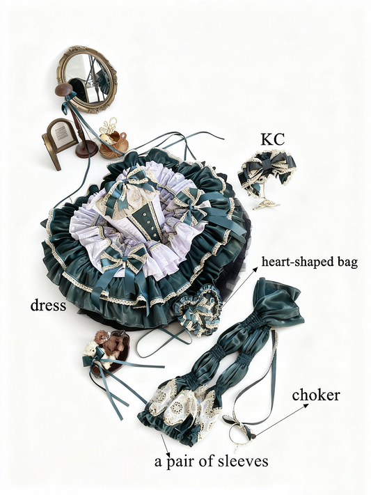 Green and Light Purple Layers Puffy Lolita Dress with Gold Lace Trim and Bow Accents