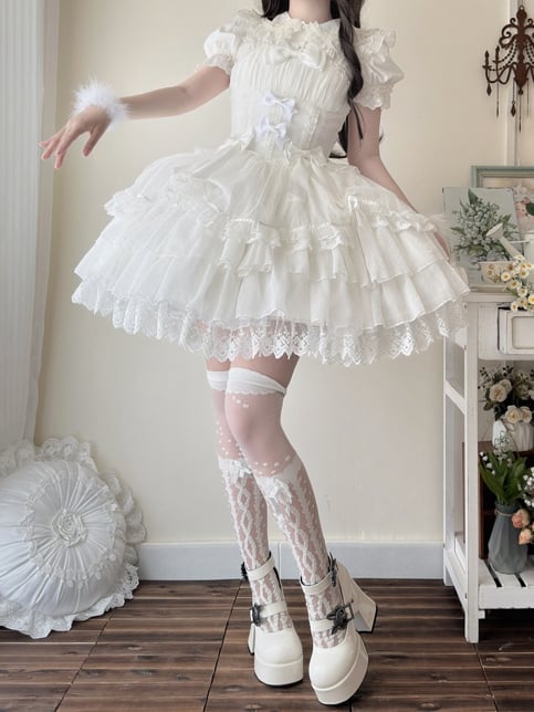 White Drawstring Overlay Tiered Skirt Princess Lolita Shiro Dress