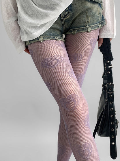 Purple/Beige/Red Heart Print Hollow-out Design Tights