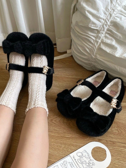 Thicken Version Sweet Black Lolita Flats for Winter - Bow at Top, Fleece Lining & Bear Decor Heart Buckle