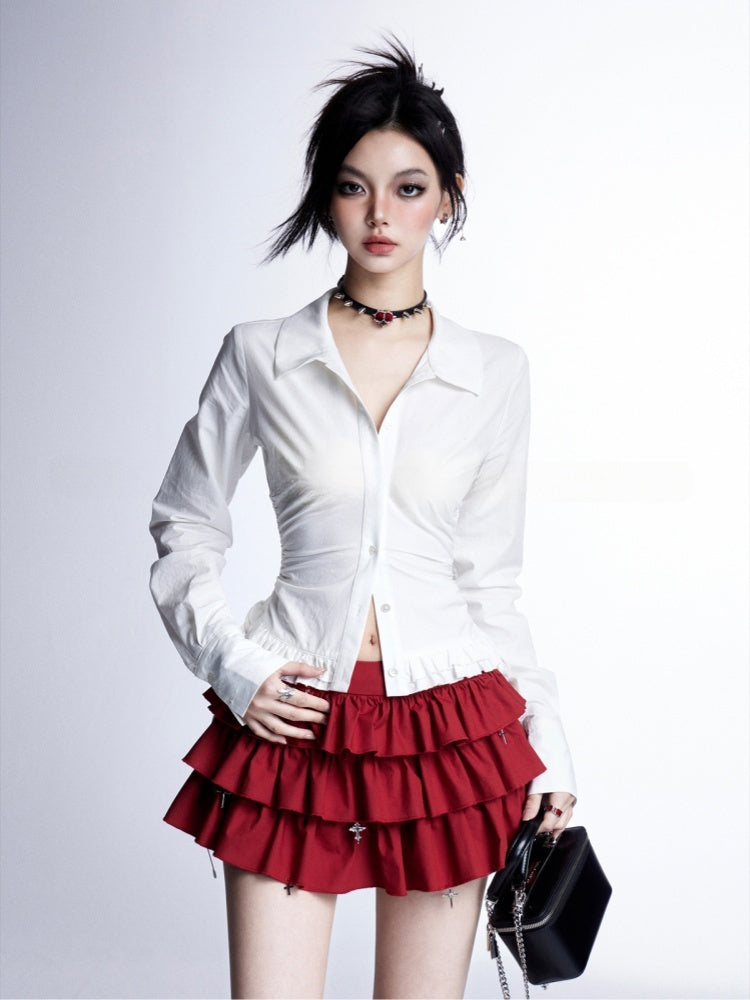 Gothic Red Cross Applique White Cropped Strapless Top/Red Cross Charms Tiered Skirt