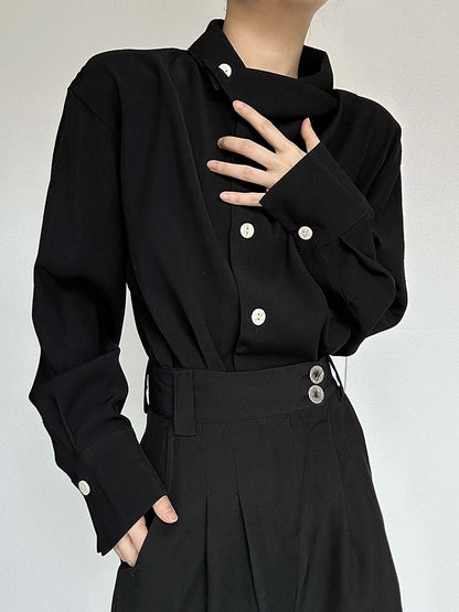 Ouji Lolita Vintage Black Fold-Over Collar Shirt with Buttoned Placket