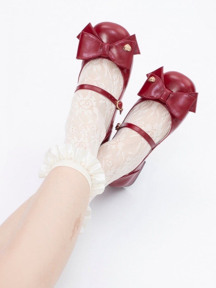 Bow at Top Wine Red Round Toe 3cm Heel Sweet Mary Jane Shoes