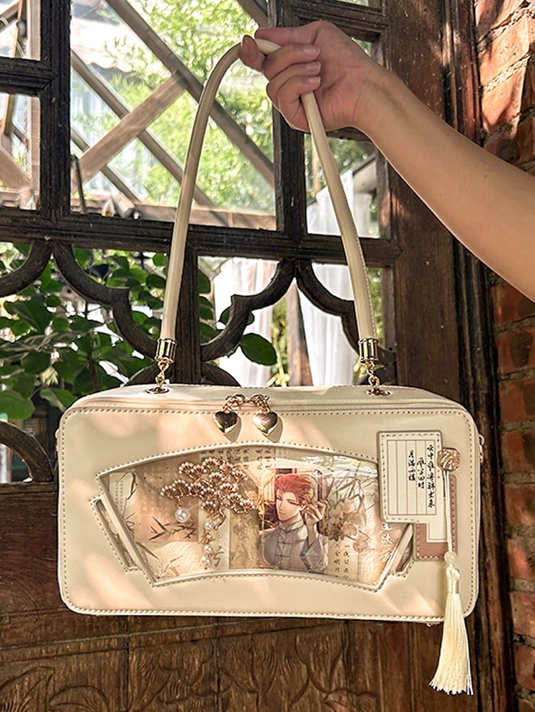Beige Embroidered Bamboo Leaf Cheongsam Style Ita Shoulder Bag with Fringe Charm