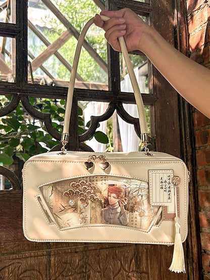 Beige Embroidered Bamboo Leaf Cheongsam Style Ita Shoulder Bag with Fringe Charm