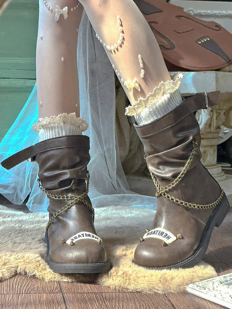 Brown Crisscross Chain Stud Detail Boots