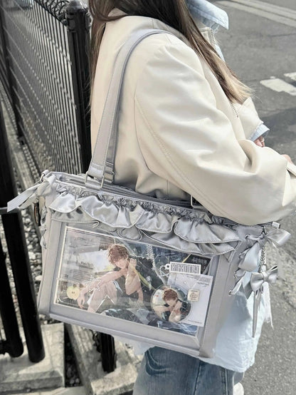 Silver Satin Ruffle Trims Self-tie Straps Ita Bag With Bow Card Holder