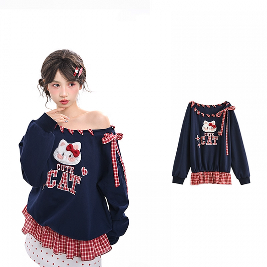Red Plaid Self-tie Straps at Asymmetrical Neckline Kitty Embroidery Applique Navy Blue Sweatshirt