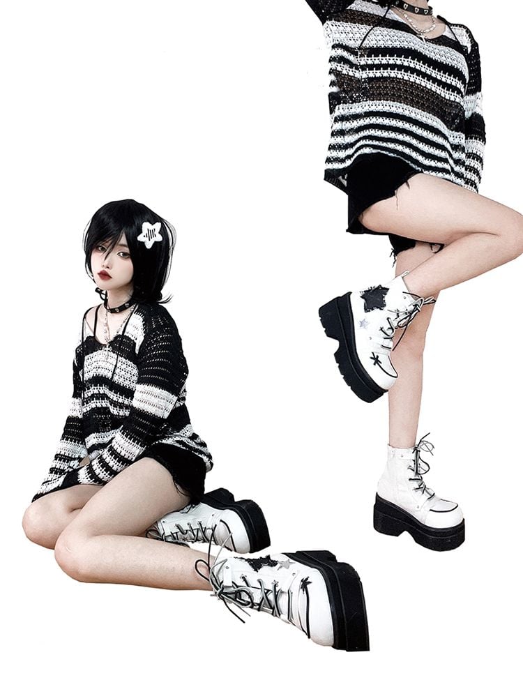 Star Appliques Punk White Denim Platform Ankle Boots