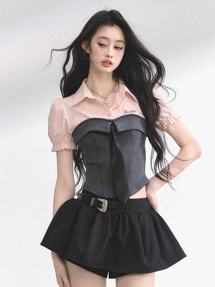 Gray & Pink / Navy Blue Striped T-shirt Faux Two-pieces with Free Tie