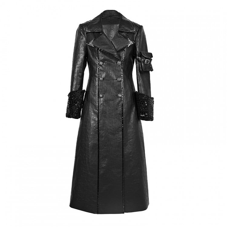 Black Goth Cracked Leather Trench Coat with Cozy Fleece Lining