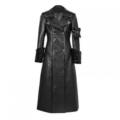 Black Goth Cracked Leather Trench Coat with Cozy Fleece Lining