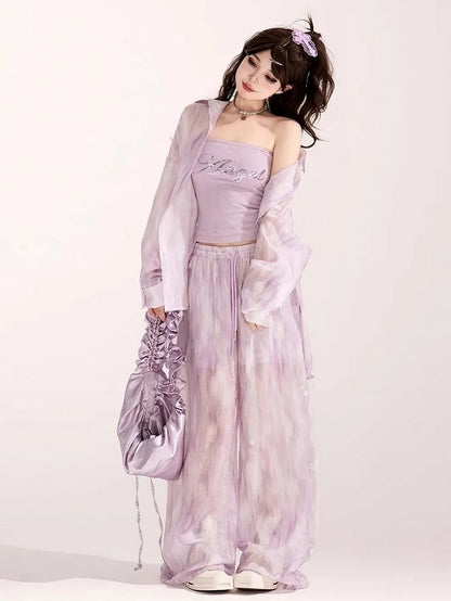 Light Purple Loose Shirt / Drawstring Waist Wide-leg Casual Pants