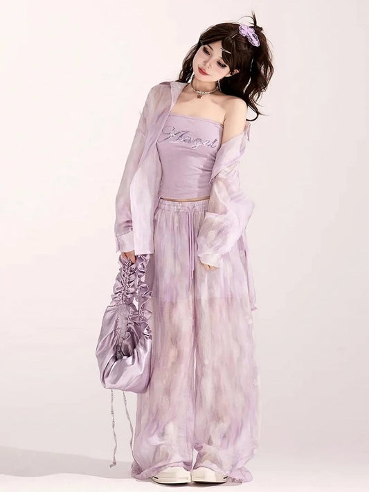 Light Purple Loose Shirt / Drawstring Waist Wide-leg Casual Pants