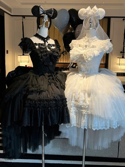 White/Black Tiered Tulle Lolita Train