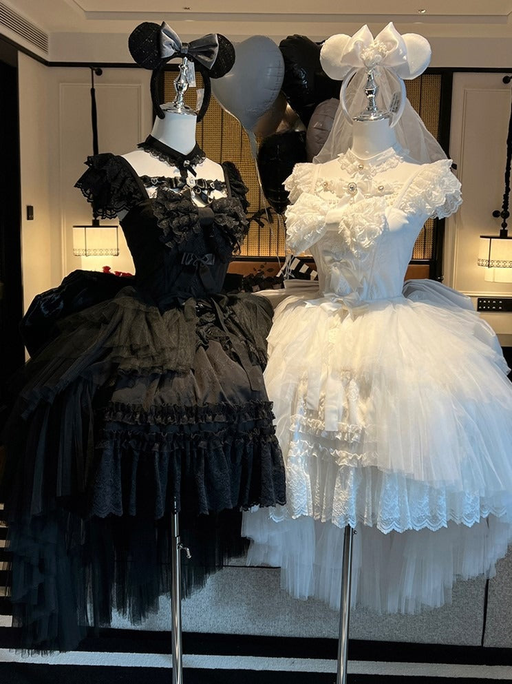 White/Black Tiered Tulle Lolita Train