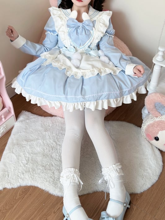 Bunny Ears Sailor Collar Blue Short Sleeves Maid Lolita Dress with White Apron