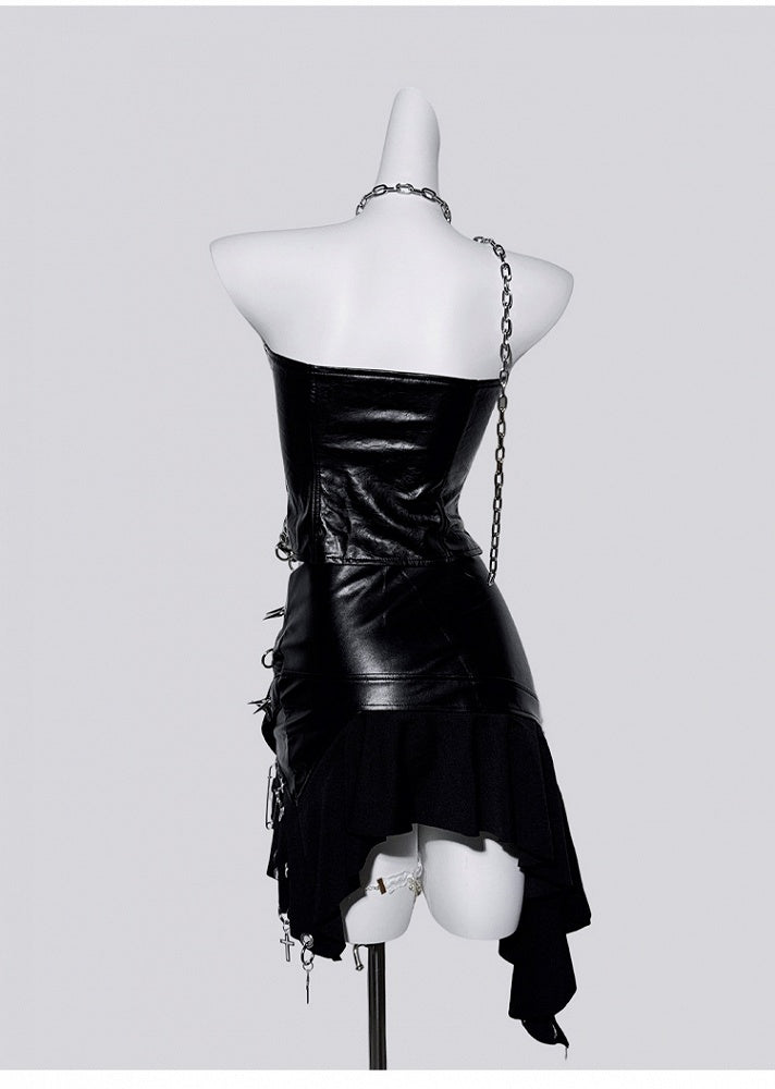 Punk Black Ring Cross Studs Asymmetrical Hem PU Skirt